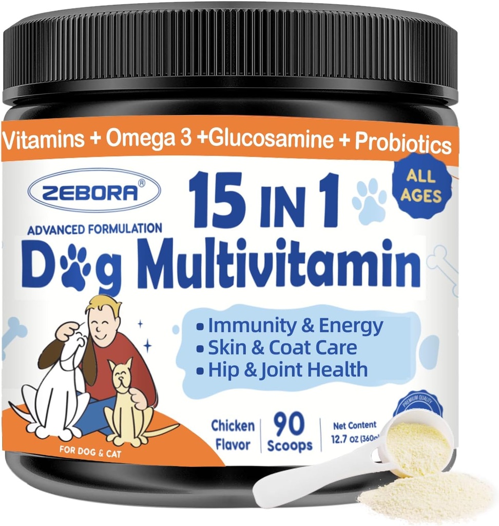 ZEBORA hund multivitamin pulver med Glucosamin, hund vitaminer og kosttilskud til immunforsvar, hud og coat supplement med Omega 3 for Allergi Relief, Probiotika til fordøjelse & Gut sundhed