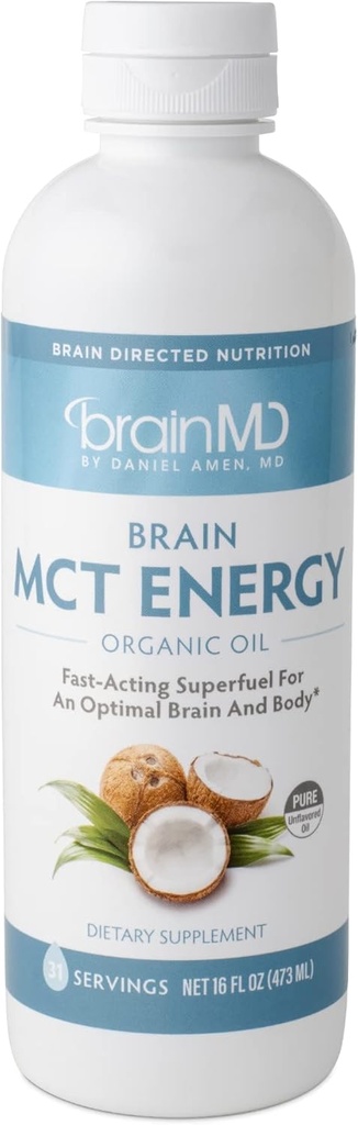 Dr Amen BrainMD Brain MCT Energy - 16 fl oz - Energistøtte til hjerne & krop - Forbedrer fokus & satiety - Ren & hurtig skuespil - Gluten Free - 31 Serveringer