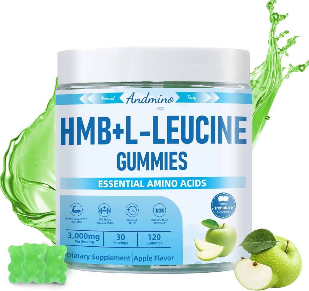 HMB og L- Leucin Gummies, 3000mg, med Trehalose, for muskelvækst, Muskel Relief og workout Inddrivelse, for voksne & Ældre, ikke-GMO, Vegan, Gluten Free, Apple Flavor, 120