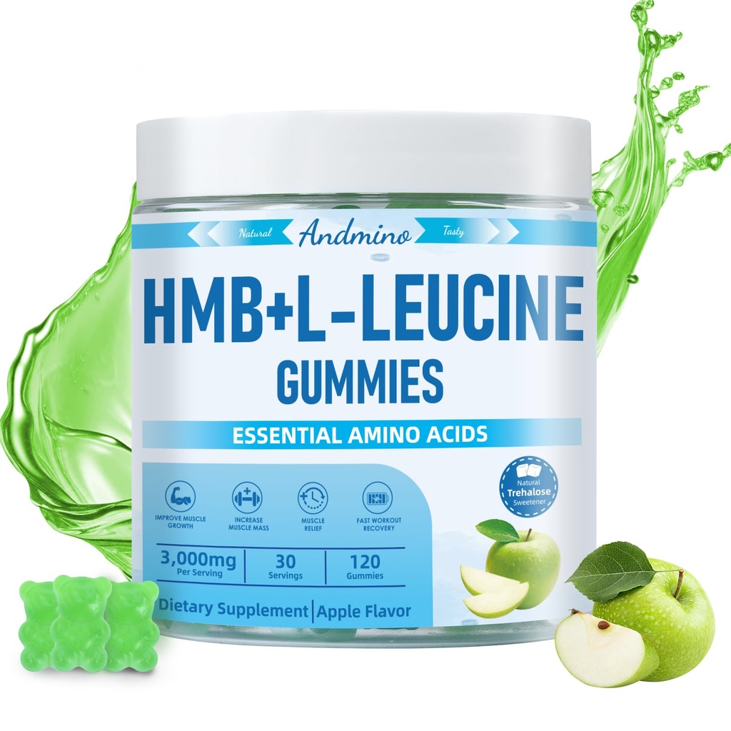 HMB og L- Leucin Gummies, 3000mg, med Trehalose, for muskelvækst, Muskel Relief og workout Inddrivelse, for voksne & Ældre, ikke-GMO, Vegan, Gluten Free, Apple Flavor, 120