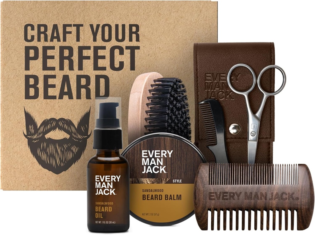 Hver mand Jack Beard Grooming Kit til mænd - Inkluderer Sandalwood Beard Oil & Beard Balm, Beard Brush, Wooden Dualsidet Comb, Trimming Saks og Mustache Comb