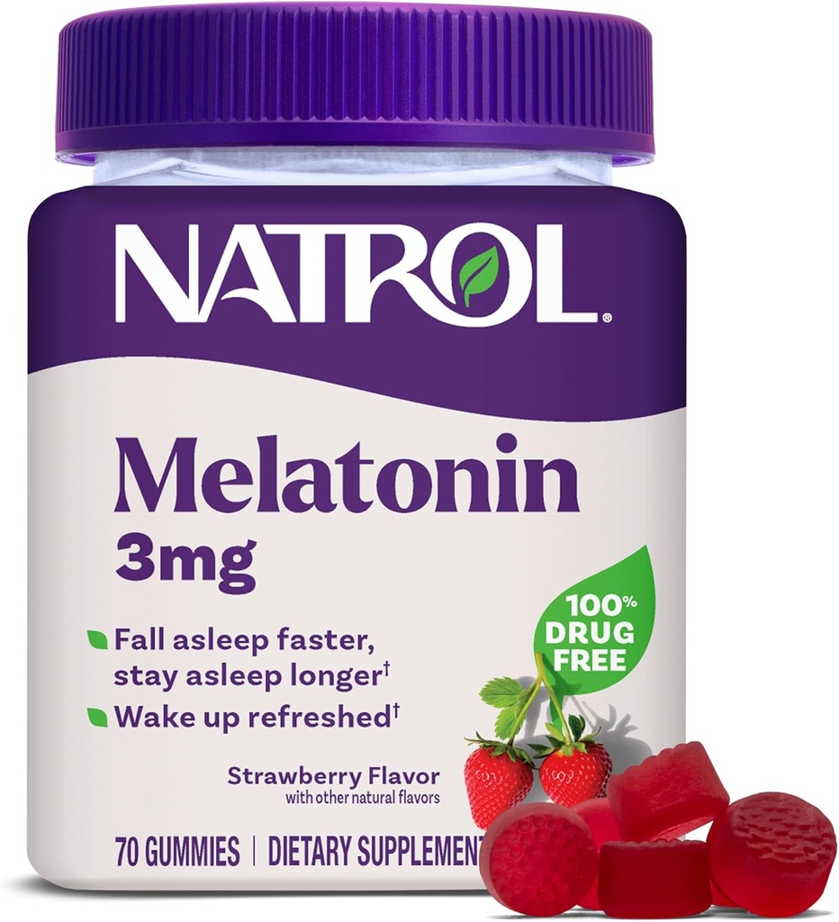 Natrol Melatonin Gummies, Sovestøtte til voksne, 3 mg Melatonin supplement til søvn, 70 Strawberry- Smeltet Gummies, Op til en 70 dages forsyning