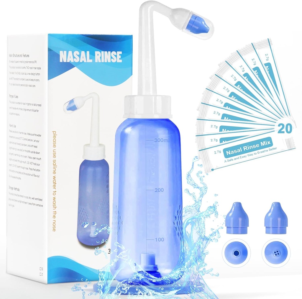 Neti Pot Sinus Rinse Flaske - Gentle Nasal Vaske Flaske Næse Cleaner for effektivt tryk Irrigatio 300 ML med 20 Nasal Vaske saltpakninger