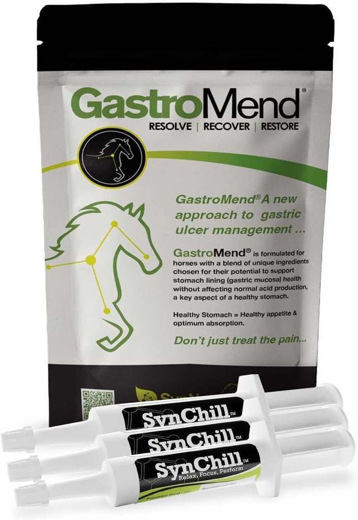 SynChill 3 Pack + GastroMend Bundle for Heste - Omfattende Mave Sundhed & Opførsel, Aids in Gastric Ulcer Relief, Promoes Calmness & Focus, All Natural, Cost Effektive