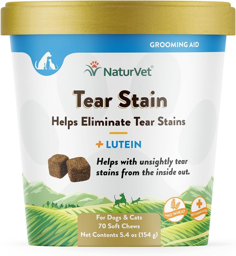 NaturVet - Tear Stain Plus Lutein - Eliminerer Unsightly Tear Stains - Forbedret med Cranberry Extract, Marshmallow Root & Oregon Grape Root - for hunde og katte - 70 bløde tygger