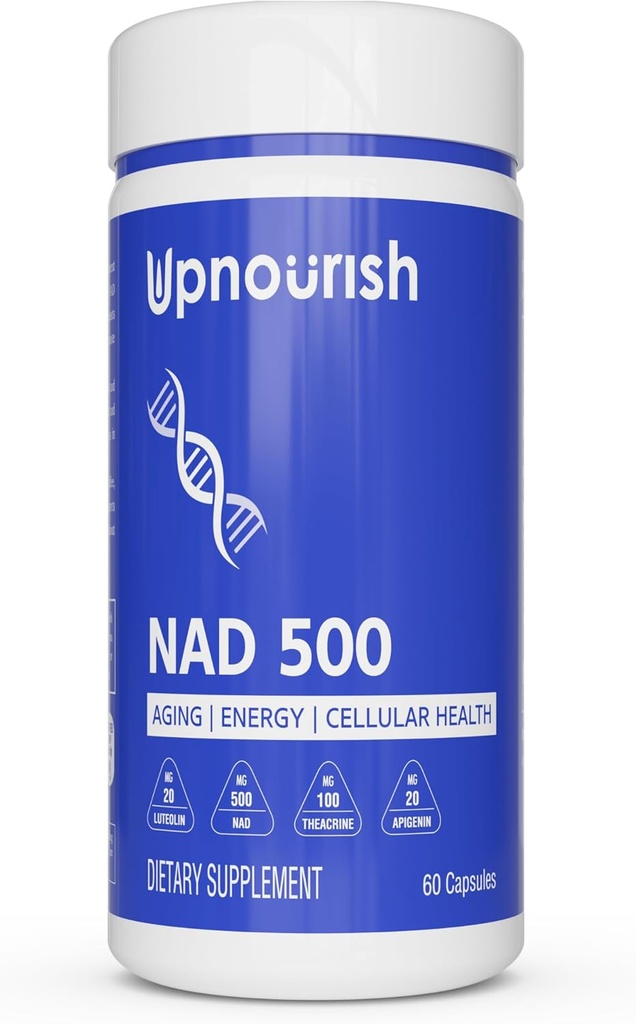 Nicotinamid Adenine Dinucleotid NAD Supplement - 500 mg NAD + Supplement med Resveratrol, Quercetin, Theacrin, Luteolin, Apigenin - Nicotinamid Riboside NR Alternativ for kvinder og mænd, 60 Kapsler