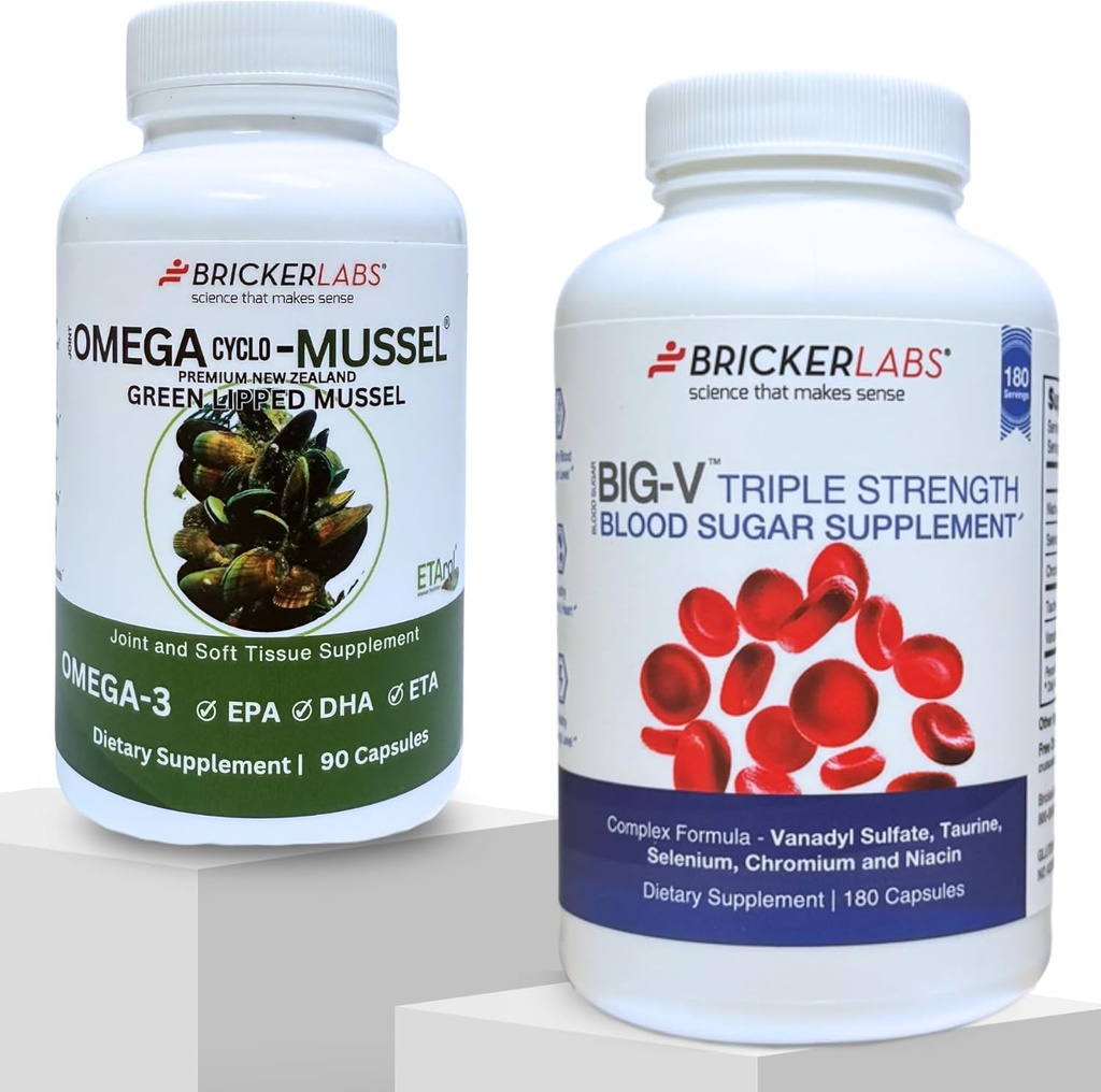 Bricker Labs Joint Comfort and Sugar Balance against 124; Omega Cyclo Mussel for Joint Health + Big- V Triple Strength Vanadyl for Blood Sugar Support