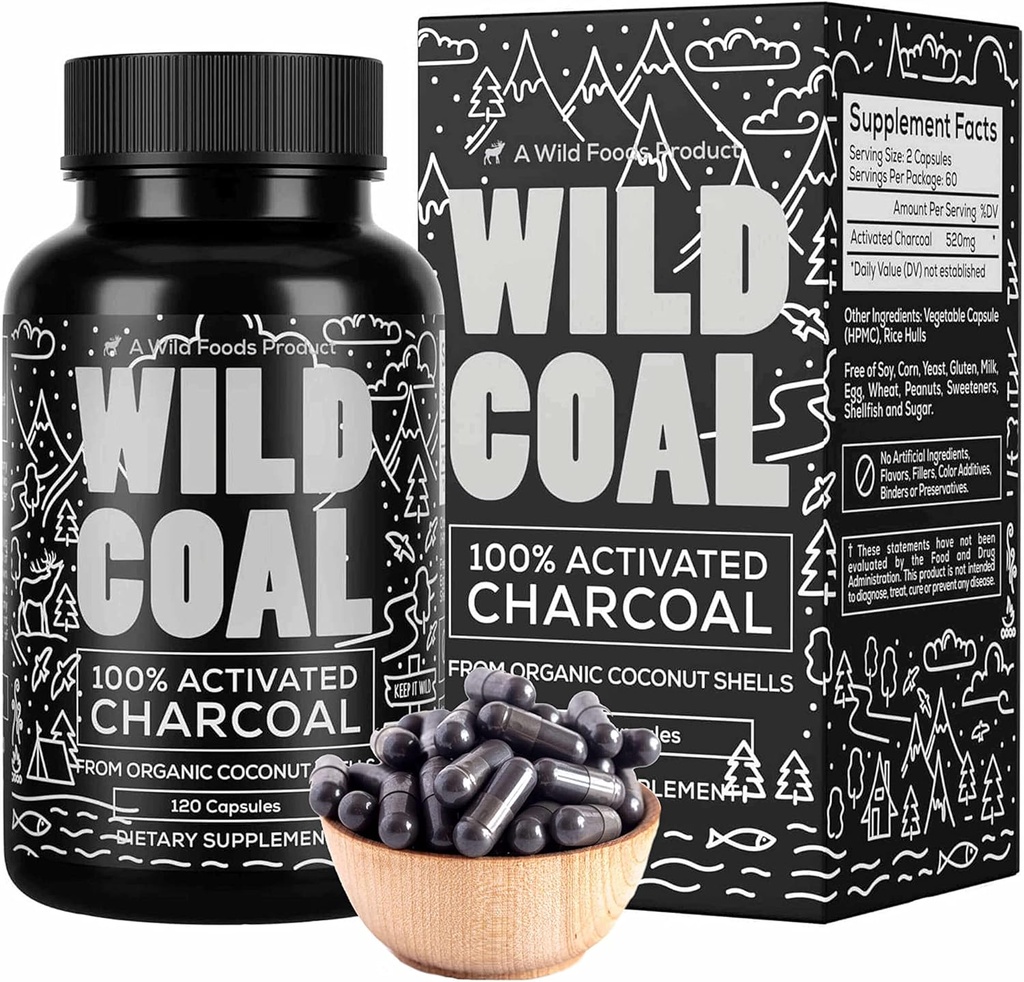 Wild Foods Aktiverede Charcoal Capsules Removal 124; 100% Organic Coconut Shells Active Tablets for Bloating & Hangover Removal 124; Lab Testet & Non- GMO Detox Pills Removal 124; Made in USA (120 Capsules)
