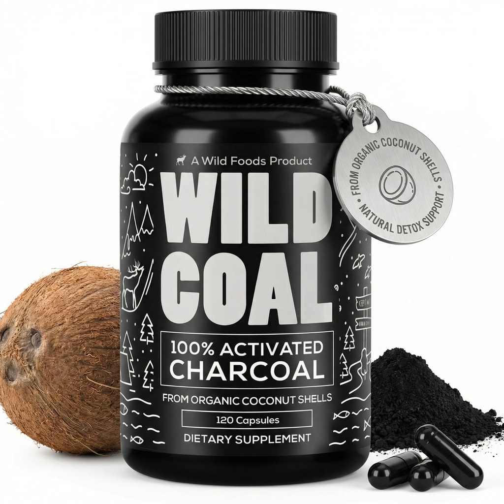 Wild Foods Aktiverede Charcoal Capsules Removal 124; 100% Organic Coconut Shells Active Tablets for Bloating & Hangover Removal 124; Lab Testet & Non- GMO Detox Pills Removal 124; Made in USA (120 Capsules)
