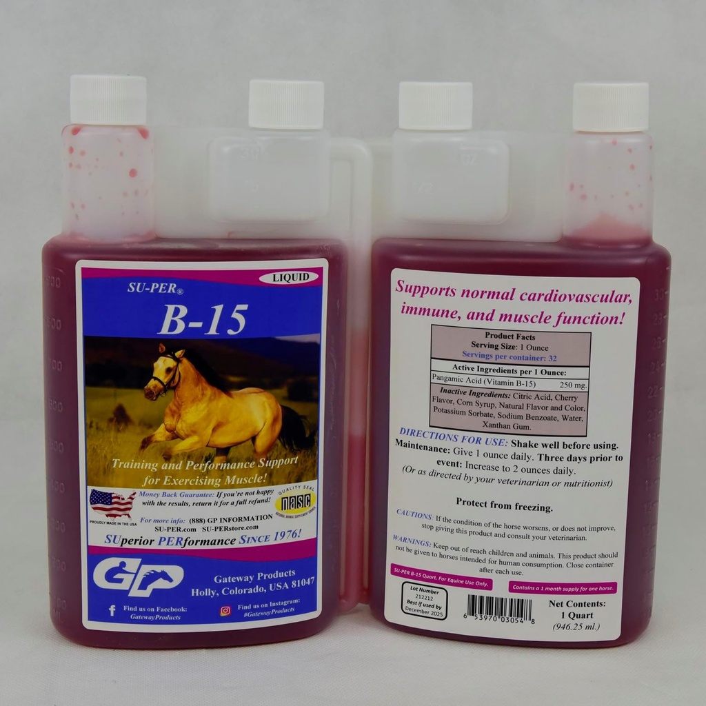 SU- PER B- 15 Vitamin supplement til heste - Equine Vitamin B- 15 Væske til Performance Support - Understøtter Normal Kardiovaskulær Immun & Muskelfunktion - 1 Quart, (2 Pack)