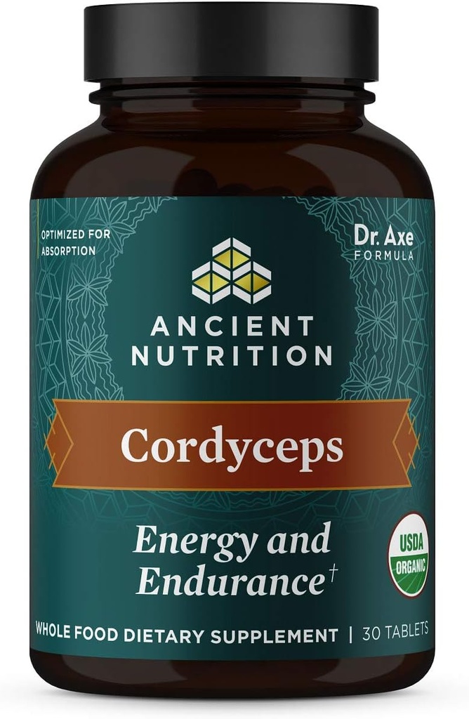 Ancient Nutrition Organic Cordyceps Tablets, Lavet med Ashwagandha, Understøtter Energi og Endurance, Gluten Free, Vegan, Paleo og Keto Friendly, 30 Greve