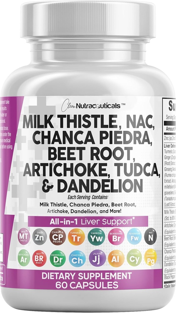 Ren nukleosteroider Mælk Thistle NAC Chanca Piedra Beet Root Artichoke Dandelion Root - Lever Rengøring Detox & Reparation Supplement Plus TUDCA Cholin & Ginger 60 Greve