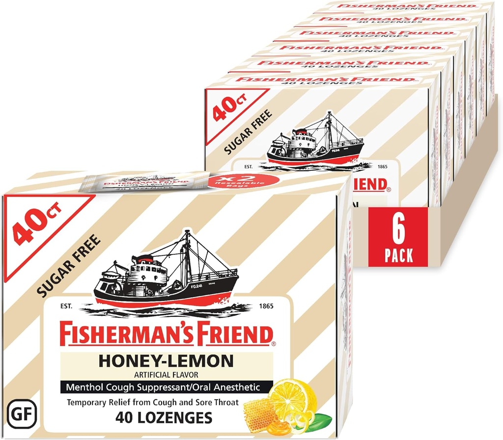 Fisherman 's Friend Hough Drops, Hough suppressant og Sore Throat Lozenges, Sugar Free Honey- Lemon, 5,52 mg menthol, 240 Drops (6 pakker med 40)