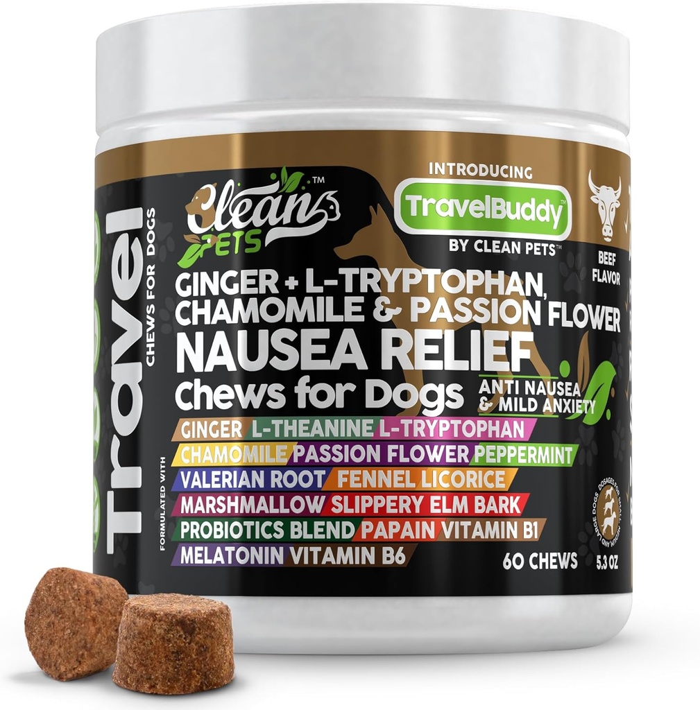 Travel Chews Kvalme Relief for Dogs against 124; Ginger L- Tryptophan Kamille Passion Flower L- Theanine Pebermynte Valerian Root Fennel Licorice Root Marshmallow Root Slippery Elm Melatonin Chew