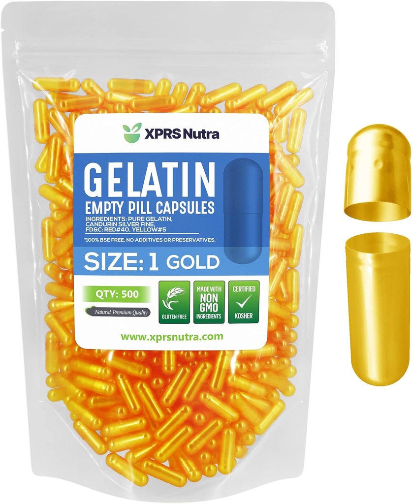 XPRS Nutra Størrelse 1 Tomme kapsler - 500 Grev Tomme Gelatine kapsler - Piller gør det selv Capsule Fyldning - Pure Bovin Pille Gel Caps til Do- It- Yourself Kosttilskud (Guld)