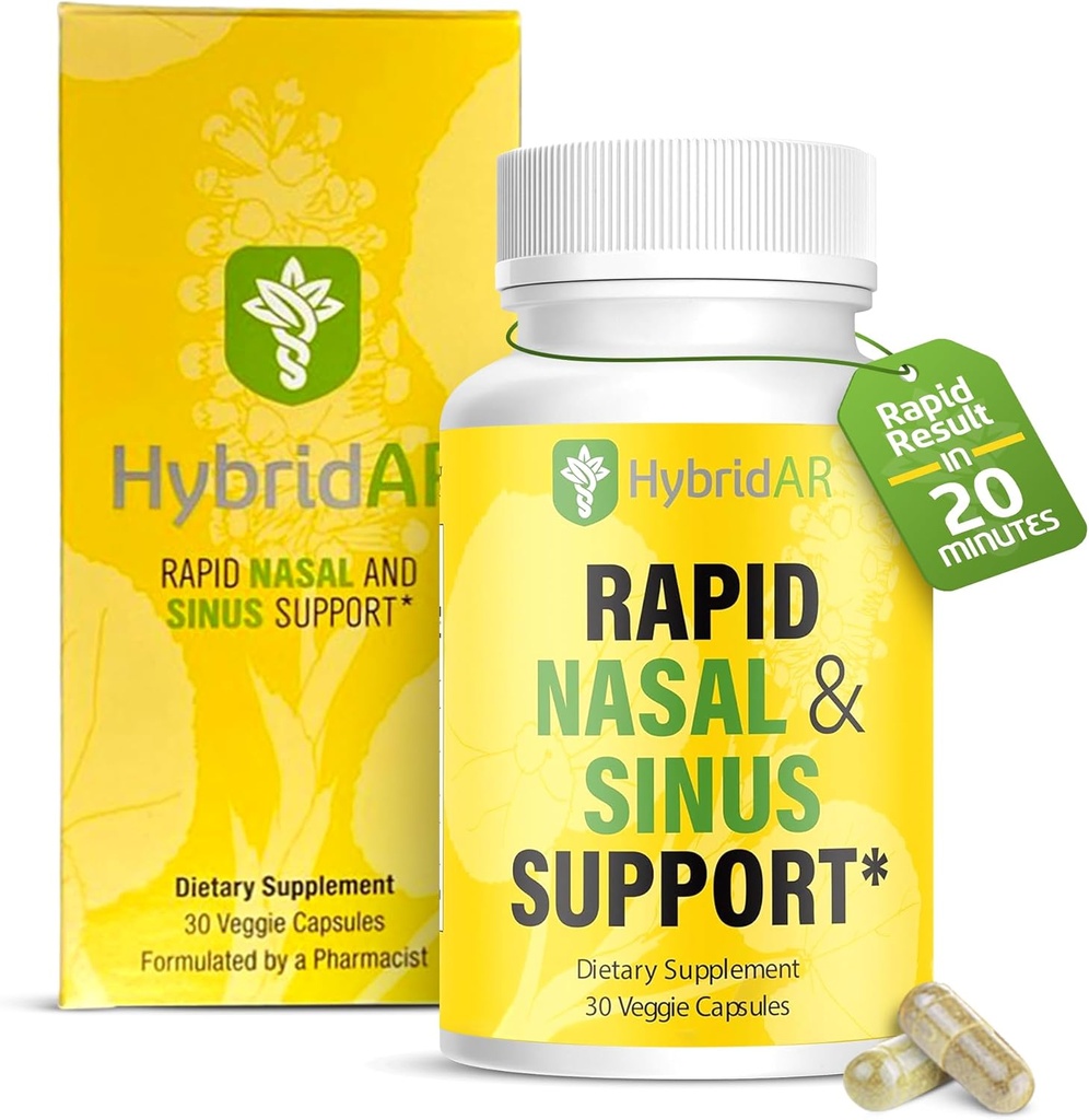 HybridAR Rapid Sinus Relief and Calm - Hurtig fungerende ikke-Drowsy Sinus Support and Medicine - Naturlige dekongestanter for voksne med Antihistamin, Quercetin, og Butterbur for Allergier - 30 Kapsler