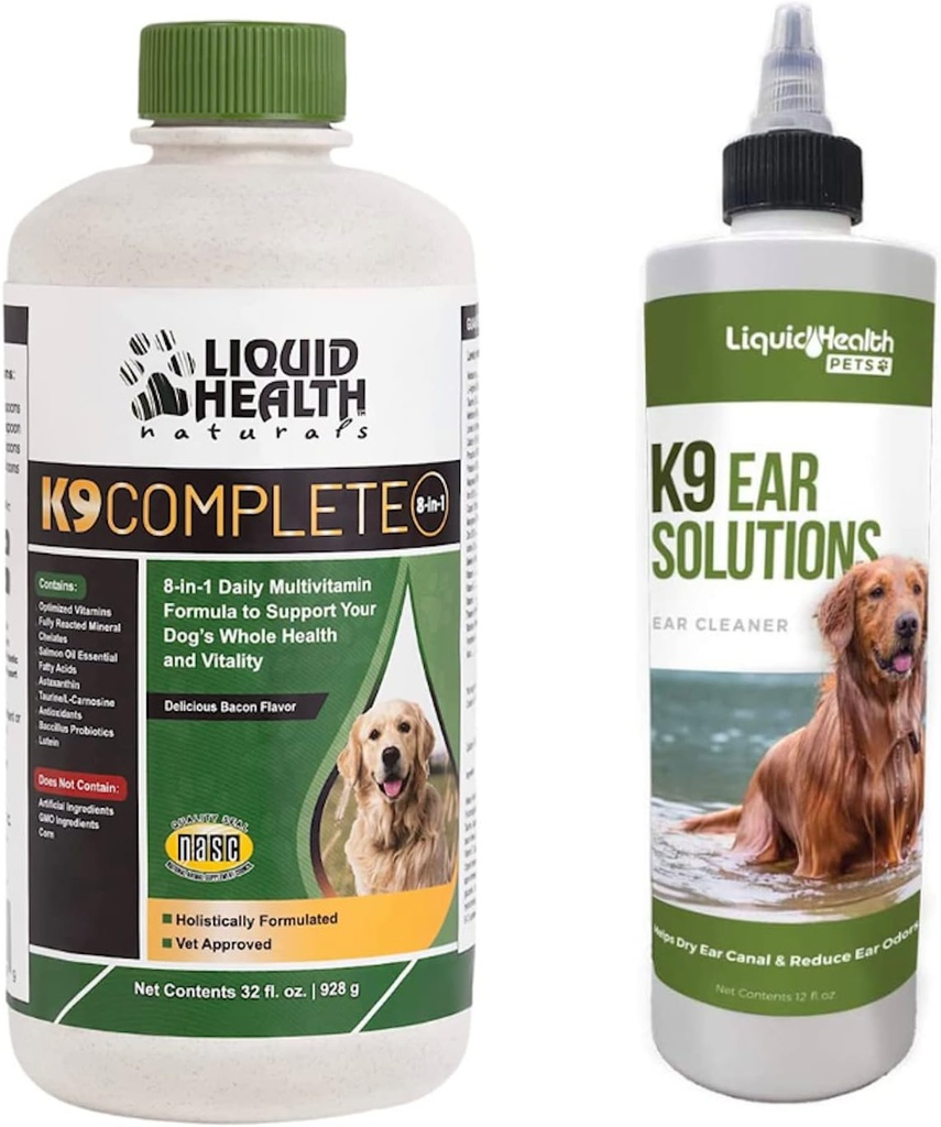 LIQUIDSUNDHED Kæledyr K9 Komplet 8- in-1 Multivitamin til alle hunde & hvalpe & K9 Ear Wash Solutions - Pet Health Supplement Bundle til fælles & immunstøtte, Hundeøre Rengøring Behandling - Made in USA