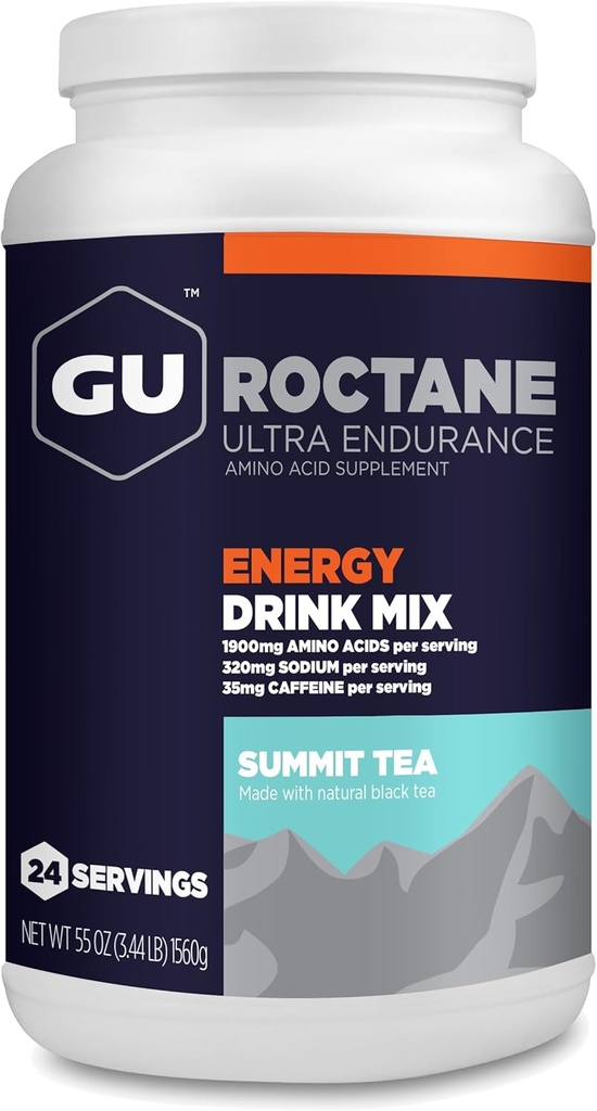 GU Energy Roctane Ultra Endurance Energy Drink Mix, Vegan, Gluten-Free, Kosher, 35mg of Caffeine, and Dairy-Free n-the-Go Energy for Any Workout, 3.44-Pound Jar, Summit Tea