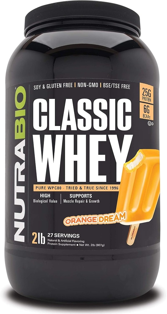 NutraBio Classic Whey Protein Powder- 25G Protein Per Scoop - Full- Spectrum Aminosyreprofil - Ingen fyldstoffer, kunstige farver, Preservatives - Orange Dream, 2 Punds