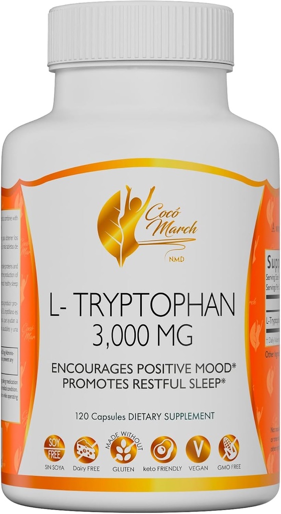 Cocó March N.M.D L- Tryptophan Sleep Aid 500 mg, Gluten Free, Vegan, GMO Free, Dairy Free, Keto Friendly, Soy Free - 30 Servere