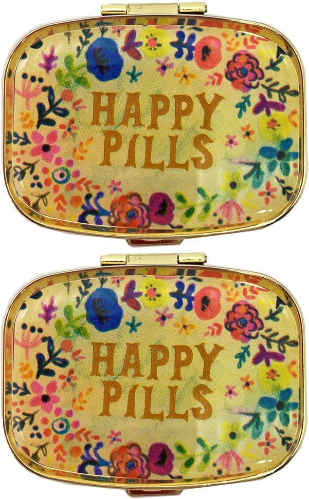 2 Pakker Vintage Pill Arrangører Metal Retro Pill Boxes Cute Pill Cases for Purse / Pocket Portable Compact til at holde vitaminer / Tylenol / Kosttilskud / Meds / Tablet (Happy Pills med spejl indeni)