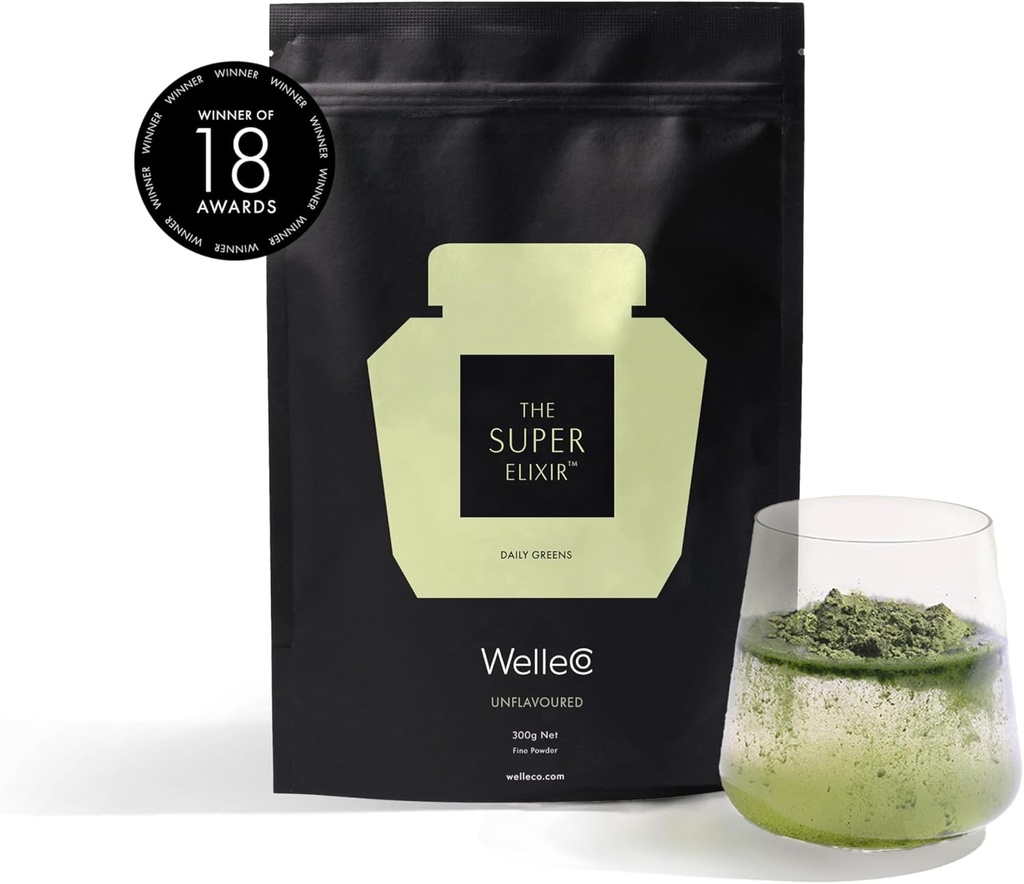 WelleCo The Super Elixir Daily Green Powder, Probiotic Drink Mix med hele fødevarer, Gluten Free, Vegan Gut Health Powder, Energy, Immunity, Sund Hud, Hår & Nails (300g, Unflavored)
