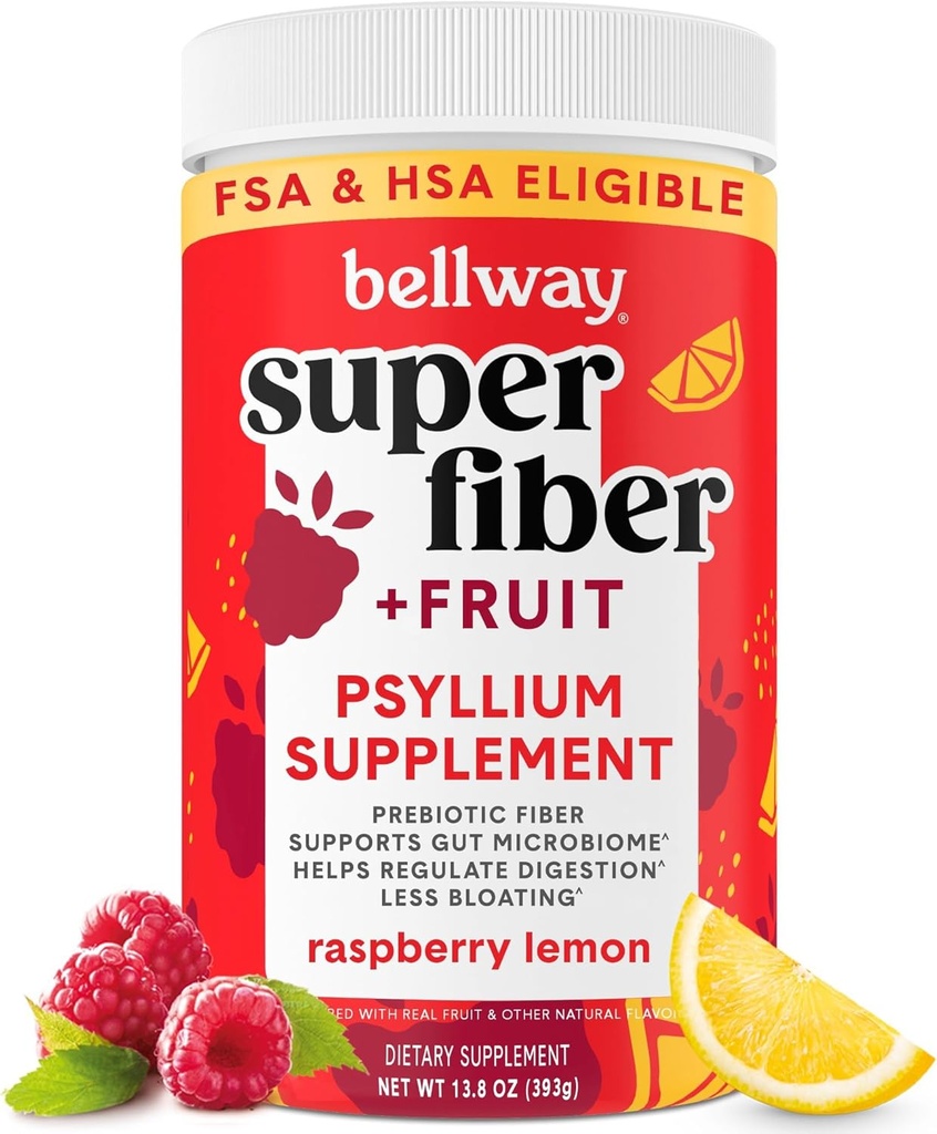 Bellway Super Fiber Powder + Frugt, Sukker Free Organic Psyllium Husk Powder Fiber tillæg for regelmæssighed, Bloating Relief & fordøjelsessundhed, Plant- baseret, Raspberry Lemon (50 Servere)