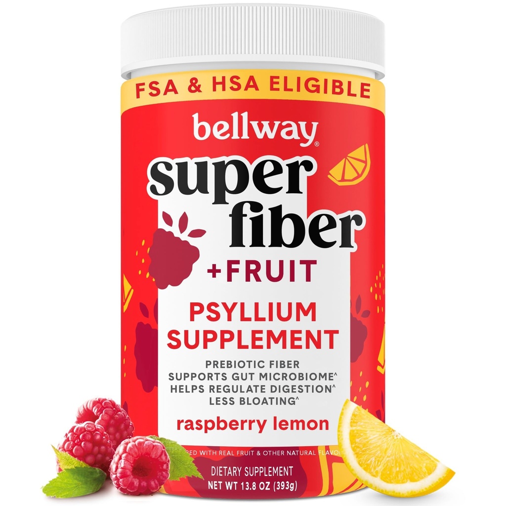 Bellway Super Fiber Powder + Frugt, Sukker Free Organic Psyllium Husk Powder Fiber tillæg for regelmæssighed, Bloating Relief & fordøjelsessundhed, Plant- baseret, Raspberry Lemon (50 Servere)