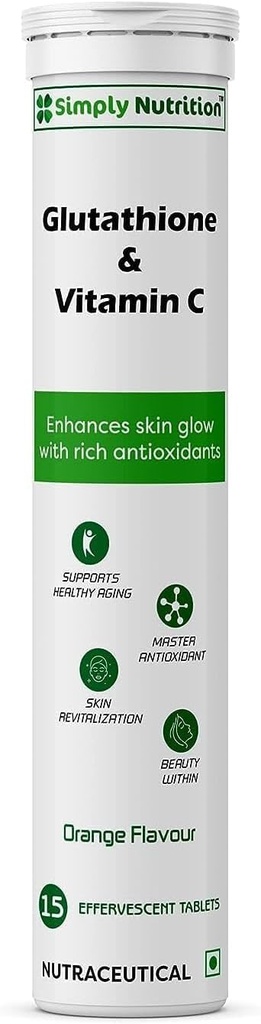 Glutathion med C-vitamin, for sund og ungdommelig hud - Evens hud Tone for mænd og kvinder. Sugar- Free, Orange Flavour, 15 Brusetabletter (pakke med 1)