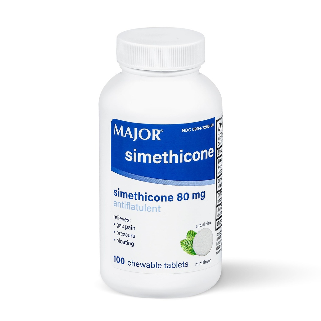 MAJOR Simeticone Gas Relief 80 mg - Anti Flatulence, Bloating and Gas Pressure Aid - 100 tyggetabletter (1 pakke)