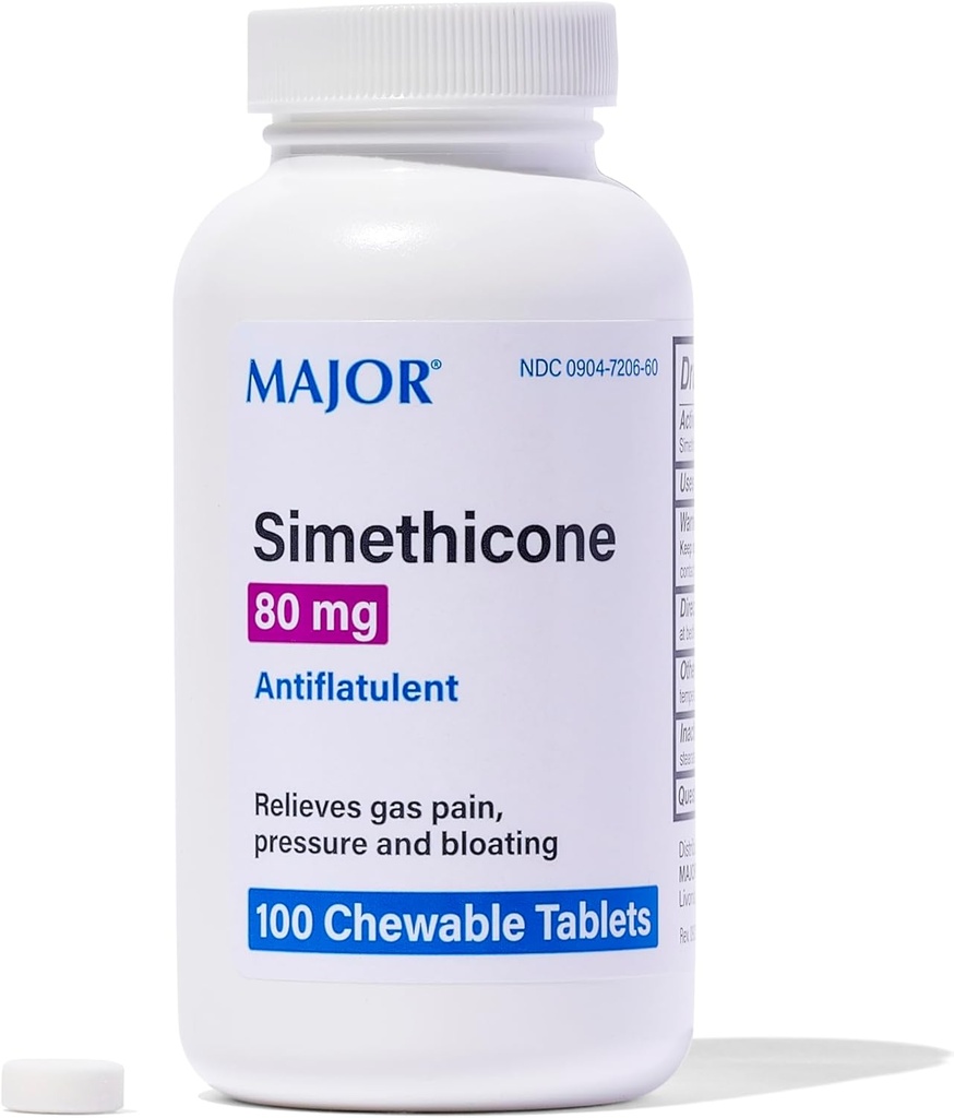 MAJOR Simeticone Gas Relief 80 mg - Anti Flatulence, Bloating and Gas Pressure Aid - 100 tyggetabletter (1 pakke)