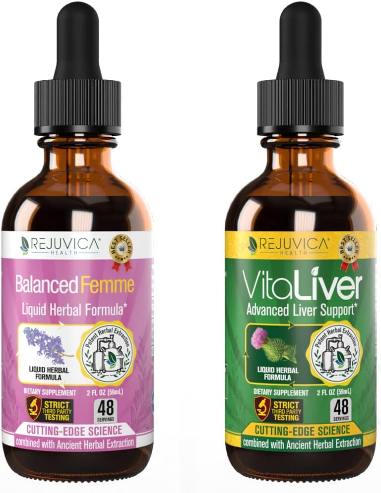 Rejuvica Sundhed Balanceret Femme + VitaLiver - Støtte Kvindelig Balance + Leverstøtte - Væske Levering til bedre Absorption - Mælk tidsel, Dong Quai, Artiskoke, Maca, Mælkebøtte & mere!