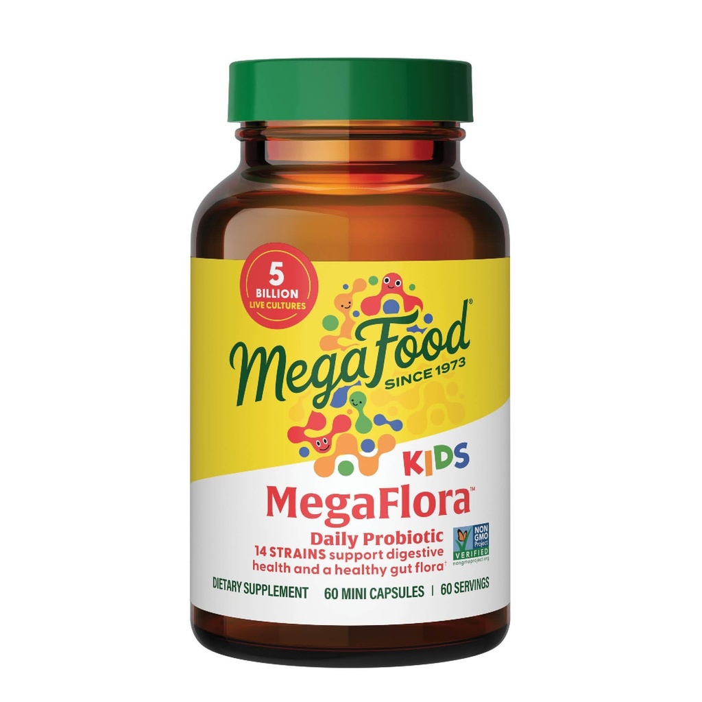 MegaFood MegaFlora Kids Probiotika - 5 milliarder CFU 'er - Non-GMO, Vegetar, Made without 9 Food Allergens, Probiotika til fordøjelsessygdomme - 60 Mini kapsler (60 Servere)