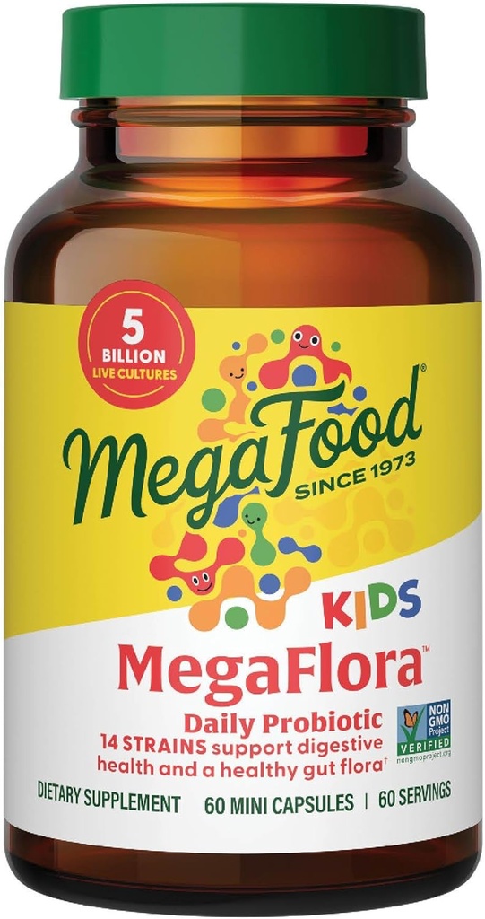 MegaFood MegaFlora Kids Probiotika - 5 milliarder CFU 'er - Non-GMO, Vegetar, Made without 9 Food Allergens, Probiotika til fordøjelsessygdomme - 60 Mini kapsler (60 Servere)