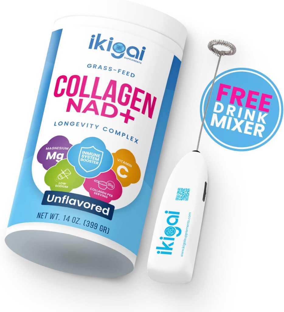 Ikigai Collagen med NAD + (30 Servering) - Non- GMO, Gluten- Free, Paleo, Kosher - No Flavor, Inkluderer gratis drik mixer