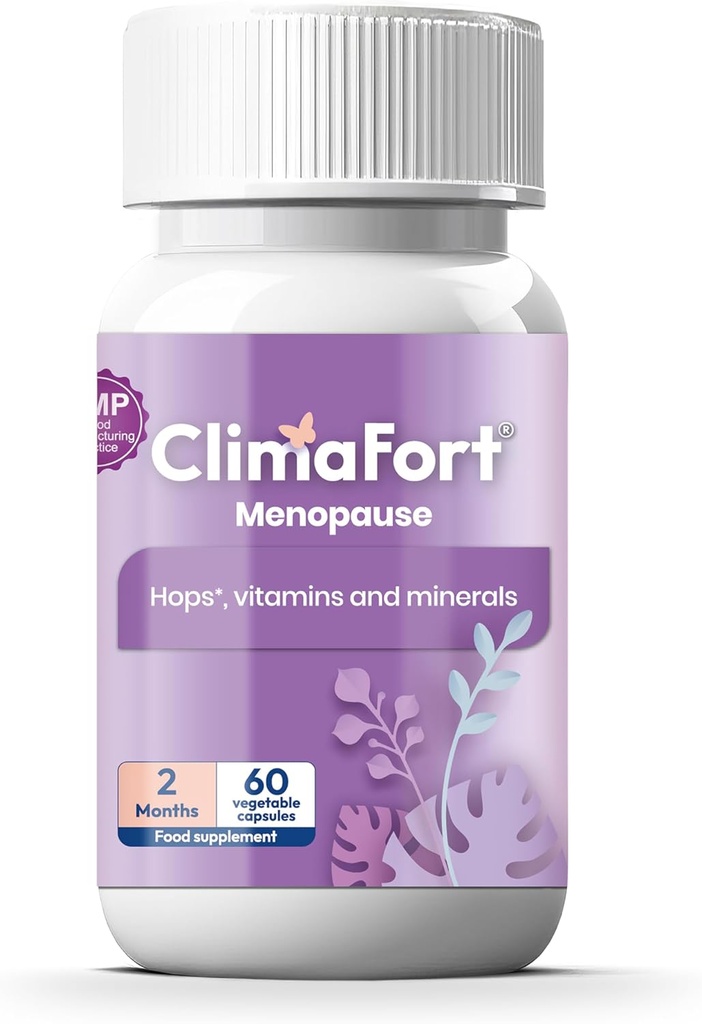 Climafort 60 Day Supply Measures 124; Menopause Relief Pills Measures 124; Natural Relief for Hot Flashs, Night Sweats, Mood Swings & Hood Balance Measures 124; Humle, Vitamin, og mineraler Measures 124; 1 Capsule Daily