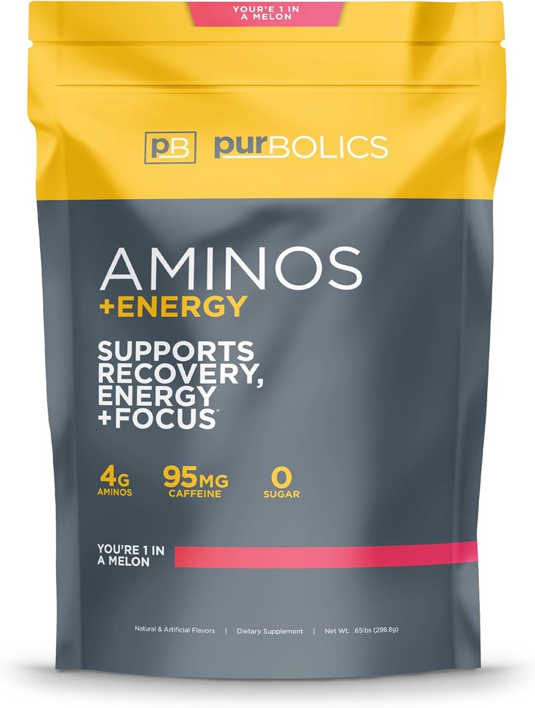 Purbolics Aminos + Energy | Supports Recovery, Energy & Focus | 95mg of Caffeine, 0 Sugar & 60 Servings (You're 1 in A Melon)
