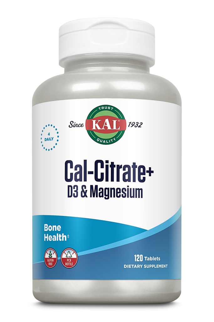 KAL Cal- Citrate +, Calcium Citrate Plus vitamin D-3 og 500 mg Magnesium, sunde knogler og tænder støtte, Gluten Free og Lab Verified for Quality, 30 Servere, 120 tabletter