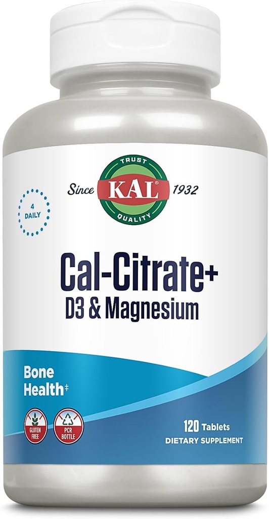 KAL Cal- Citrate +, Calcium Citrate Plus vitamin D-3 og 500 mg Magnesium, sunde knogler og tænder støtte, Gluten Free og Lab Verified for Quality, 30 Servere, 120 tabletter