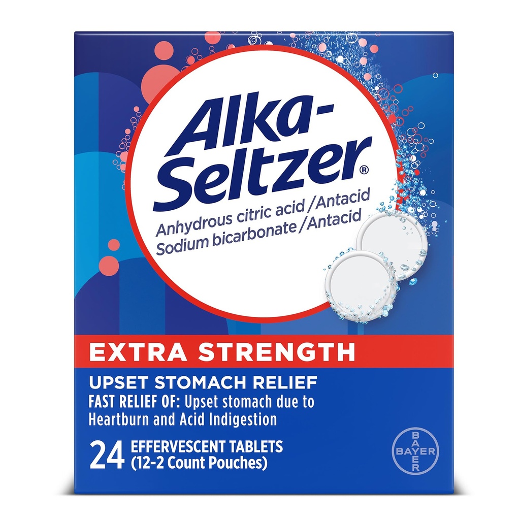 Alka- Seltzer Extra Strength Heartburn Relief Effervescent Antacida Tablets, Hurtig fordøjelseslindring, 24 Ct