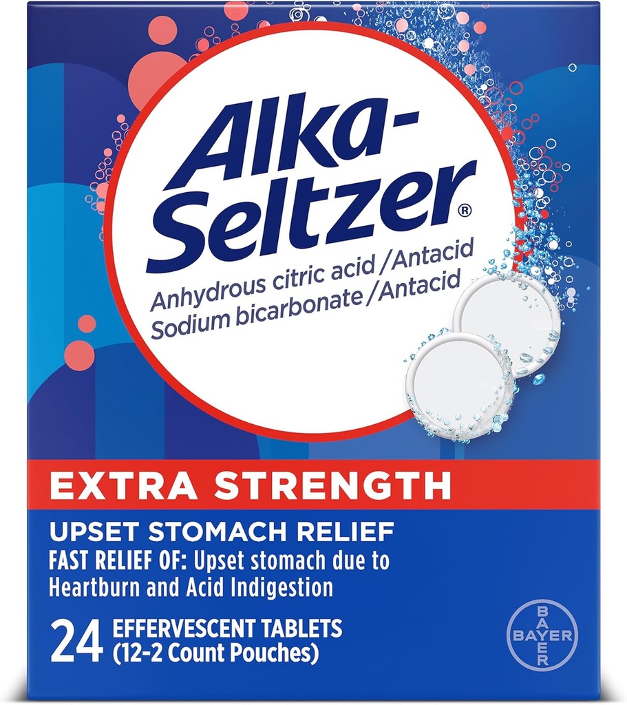 Alka- Seltzer Extra Strength Heartburn Relief Effervescent Antacida Tablets, Hurtig fordøjelseslindring, 24 Ct