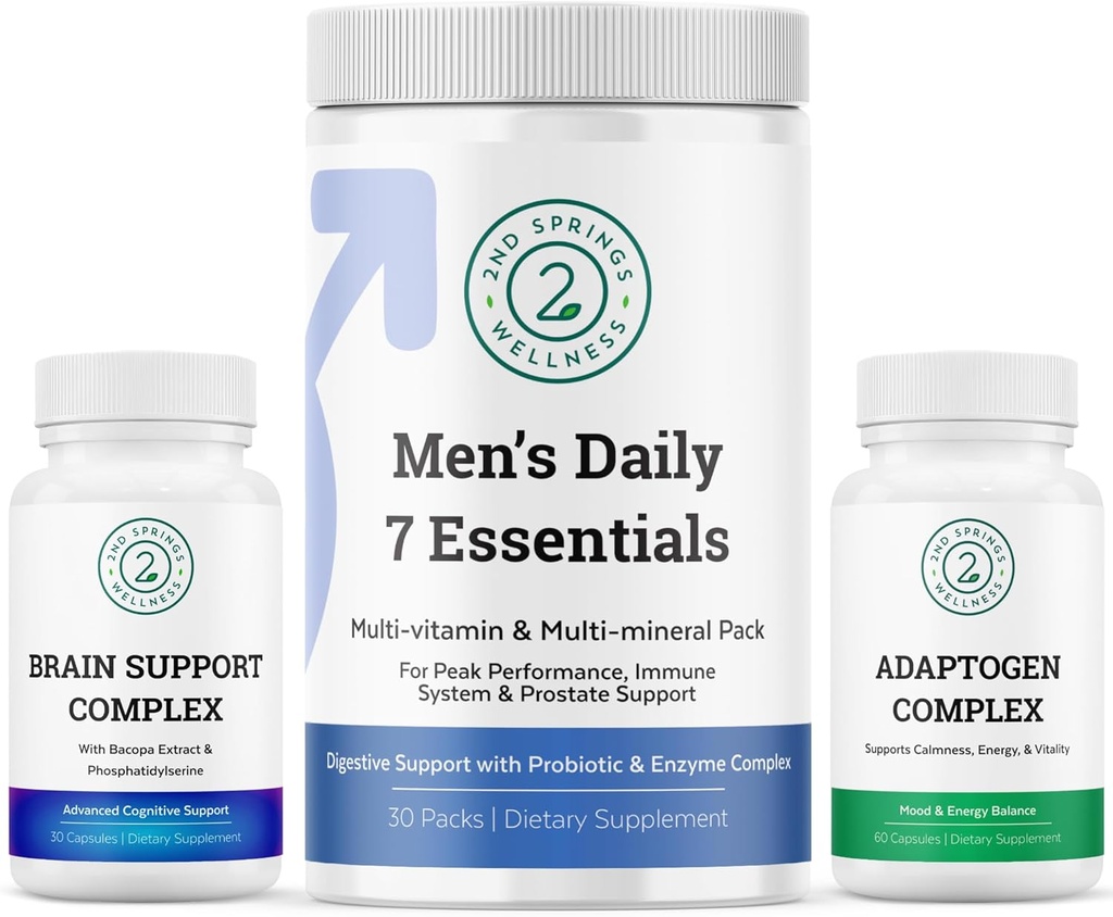Wellness Mænds Brain Bundle - Brain Support Complex, Mænds Daily 7 Essentials, og Adaptogen Complex