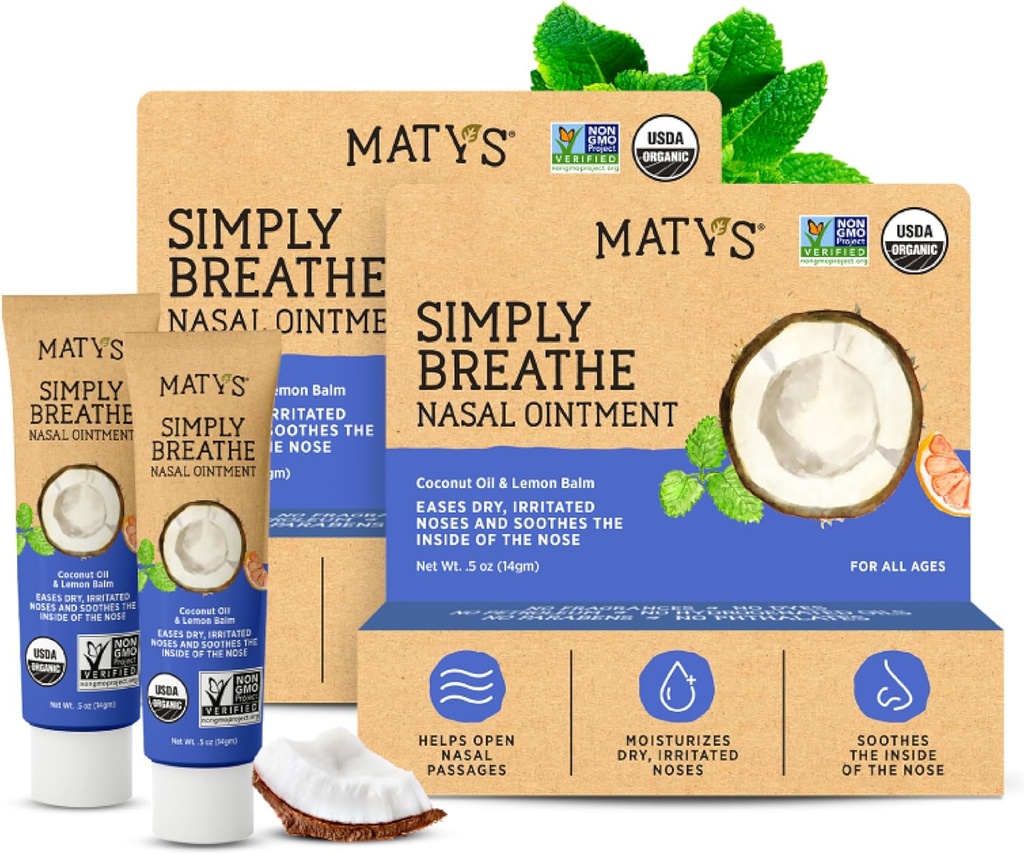 Matys Organic Simply Breathe Nasal Salve til tørre næse & næsebor På grund af allergi, Næseblod, CPAP & Oxygen enhed Irritering, Ren saltvand Alternativ for voksne & børn, 2 Pack, 0,5 oz hver
