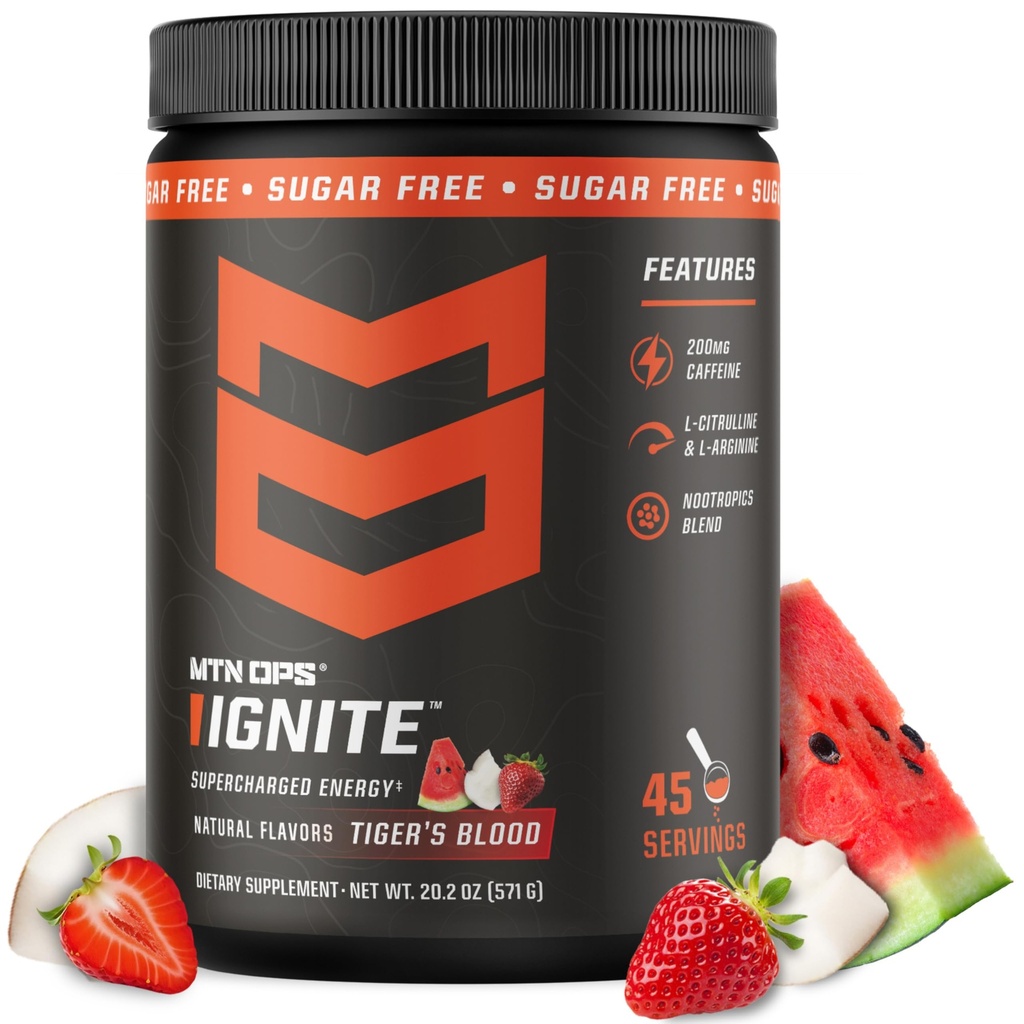 MTN OPS Ignate Energy Drink Powder, Gluten Free Nootrop Supplement Drink Mix, L Arginin, L Citrullin, Koffein & Nootrop Sugar Free Drink Mix, 45 Servere, Tiger 's Blood