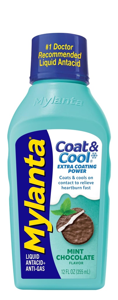 Mylanta Heartburn and Gas Relief, Flydende Antacida, Coat & Cool Formel, Mint Chocolate Flavor, 12 Fl Oz