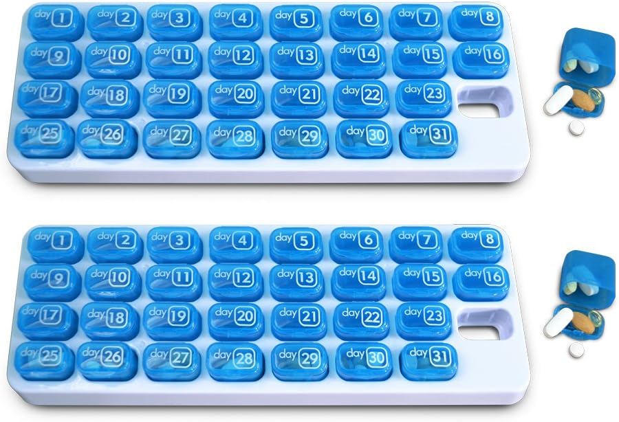31 Dag Månedlig Pill Organizer med pop Out Pocket Pill Pods og opbevaring bakke til vitaminer, kosttilskud, hjem, arbejde eller rejser - 2 Pack Blue