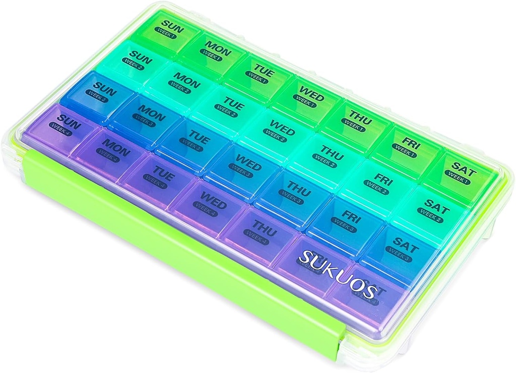 Sukuos Monthly Pill Organizer 4 Uge, Stor Pill Box Fugt / Dust- Bevis sager for Måned Vitamin / Fish Oil / Kosttilskud med Clear Lid, let at åbne og ren