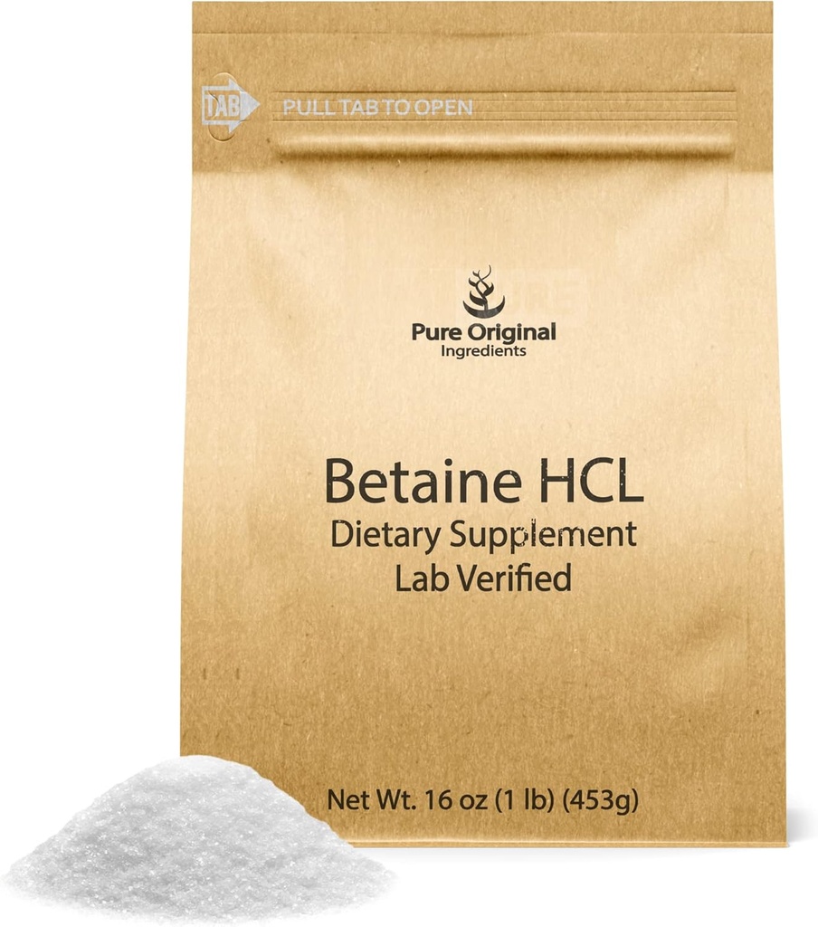 PURE ORIGINALSKE INGREDIENSER betain HCL 1 LB, ingen tilsætningsstoffer eller fyldstoffer, Lab- Verified Supplement