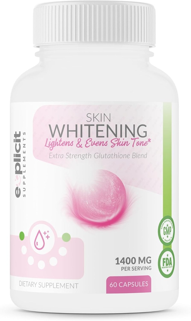 eXplicit Kosttilskud Skin Whitening Supplement, Glutathione 1000mg, Clears og Evens Skin Tones, Hjælper Ryd op mørke Sketter og Acne Scars - 60 kapsler