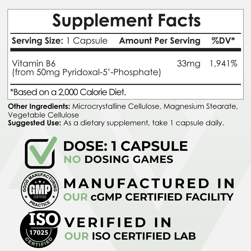 Pyridoxal- 5 '- fosfatkapsler (P5P) - 124; 50mg - 124; Aktiv form af vitamin B6 - 124; 365 Greve - 124; Nootropics Depot